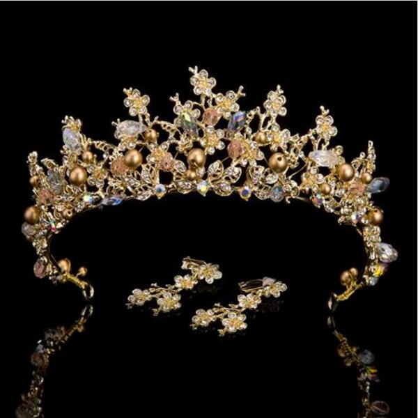 Luxury Pink Gold Pearl Bridal Crowns Tiara Bride Queen Crown Wedding Hair Accessories