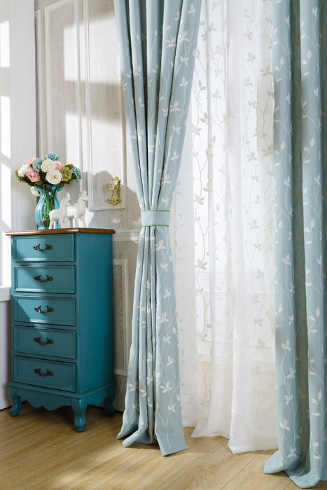 Cotton Embroidered Light Blue Curtains with White Leaves