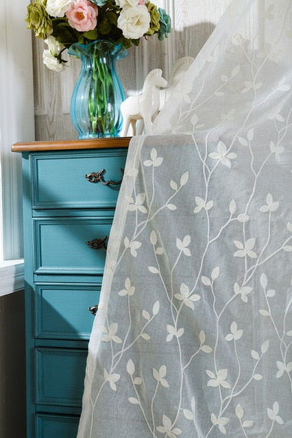 Cotton Embroidered Light Blue Curtains with White Leaves