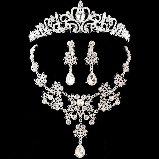 Noble Crystal Bridal Jewelry Sets Silver Fashion Wedding Jewelry Tiara Necklace Earrings for Brides Bridesmaids