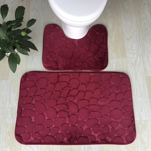 Bath Mats 3D Stone Memory Foam 2pcs Set Anti-Slip Floor Mats Bathroom Toilet Rugs