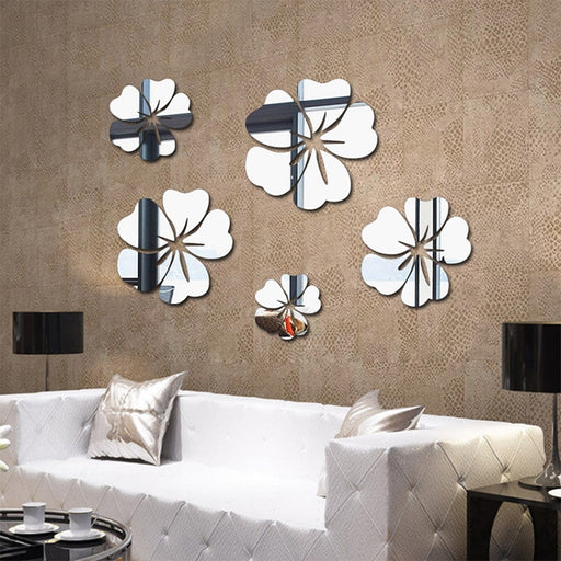 Flower Pattern Wall Sticker Home Decor 3D Wall Decal Art DIY Mirror Wall Stickers 5 pcs  Living Room Decoration Silver/Gold