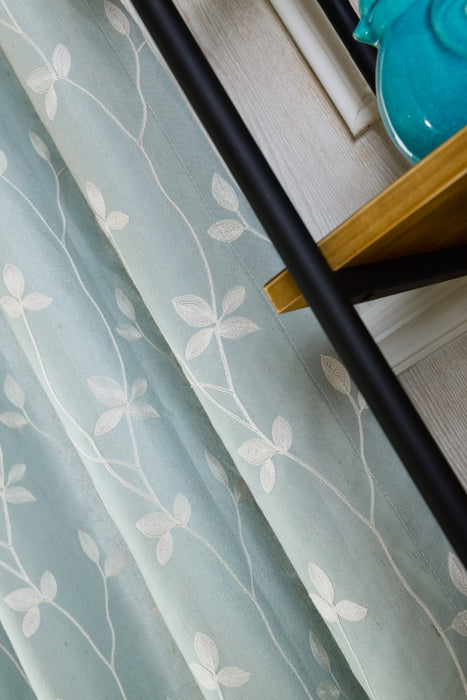 Cotton Embroidered Light Blue Curtains with White Leaves