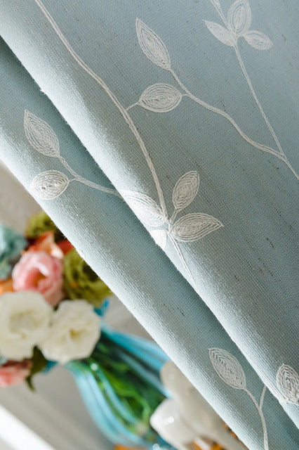Cotton Embroidered Light Blue Curtains with White Leaves