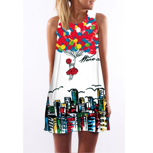 Summer Dress Women Floral Print Chiffon Sleeveless Boho Style Short Beach Dress Boho Style