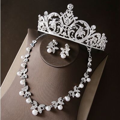 Noble Crystal Bridal Jewelry Sets Silver Fashion Wedding Jewelry Tiara Necklace Earrings for Brides Bridesmaids