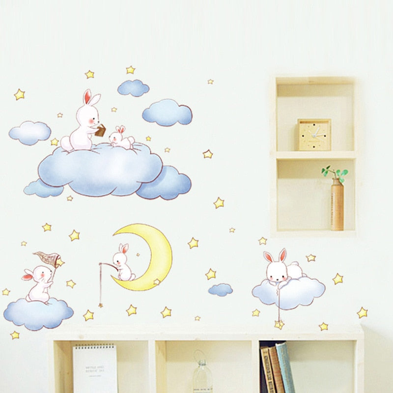 Cartoon White Clouds Rabbit Wall Stickers For Baby/Kid Bedrooms