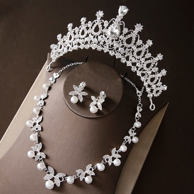 Noble Crystal Bridal Jewelry Sets Silver Fashion Wedding Jewelry Tiara Necklace Earrings for Brides Bridesmaids