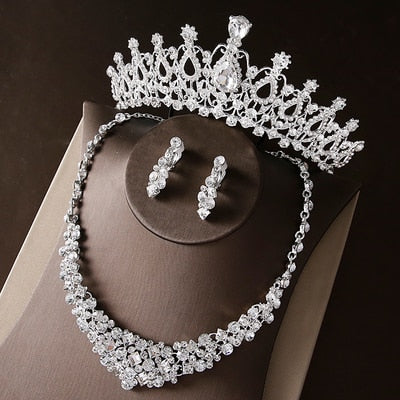 Noble Crystal Bridal Jewelry Sets Silver Fashion Wedding Jewelry Tiara Necklace Earrings for Brides Bridesmaids
