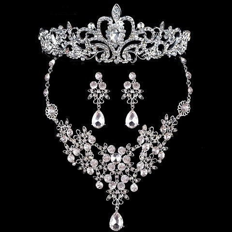 Noble Crystal Bridal Jewelry Sets Silver Fashion Wedding Jewelry Tiara Necklace Earrings for Brides Bridesmaids