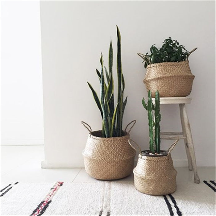 Handmade Bamboo Storage Baskets Foldable Laundry Straw Patchwork Wicker Rattan Seagrass Belly Garden Flower Pot Planter Basket