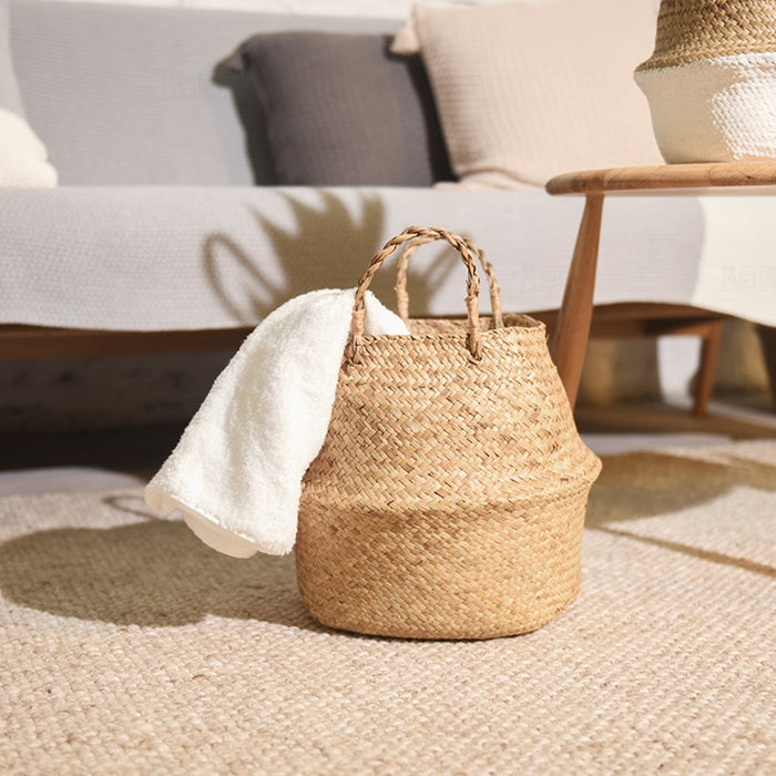 Handmade Bamboo Storage Baskets Foldable Laundry Straw Patchwork Wicker Rattan Seagrass Belly Garden Flower Pot Planter Basket
