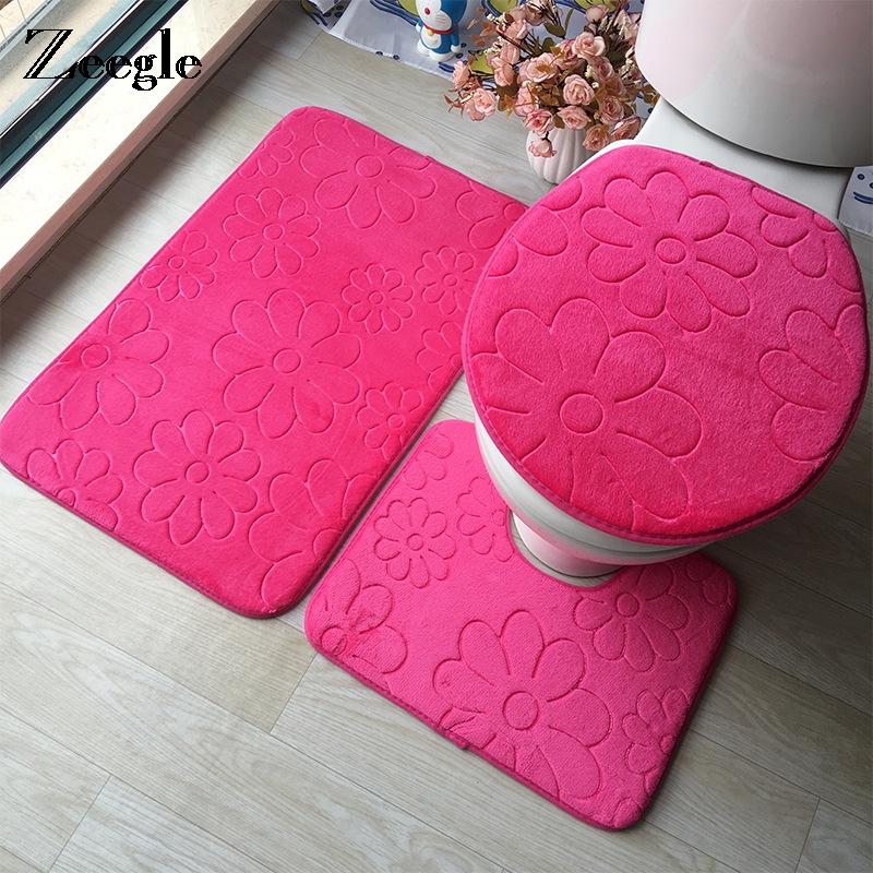 Bathroom 3 pc set in embossed soft Flannel includes Floor Rug, Contour Mat, Toilet Seat Cover, Absorbent Bath Mat for Home Decoration 3Pcs/Set 3D