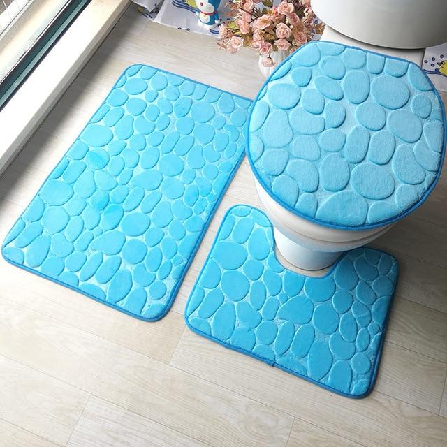 Bathroom 3 pc set in embossed soft Flannel includes Floor Rug, Contour Mat, Toilet Seat Cover, Absorbent Bath Mat for Home Decoration 3Pcs/Set 3D