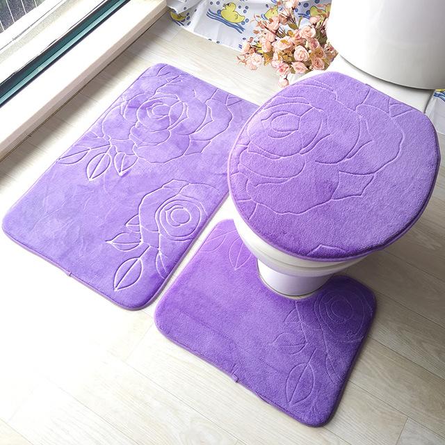 Bathroom 3 pc set in embossed soft Flannel includes Floor Rug, Contour Mat, Toilet Seat Cover, Absorbent Bath Mat for Home Decoration 3Pcs/Set 3D